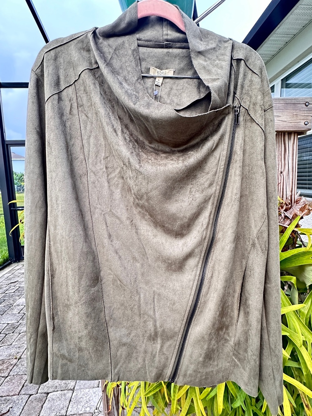 Kori America Faux Suede Drape Moto Jacket Olive Green Gray Size L NWT Size L
